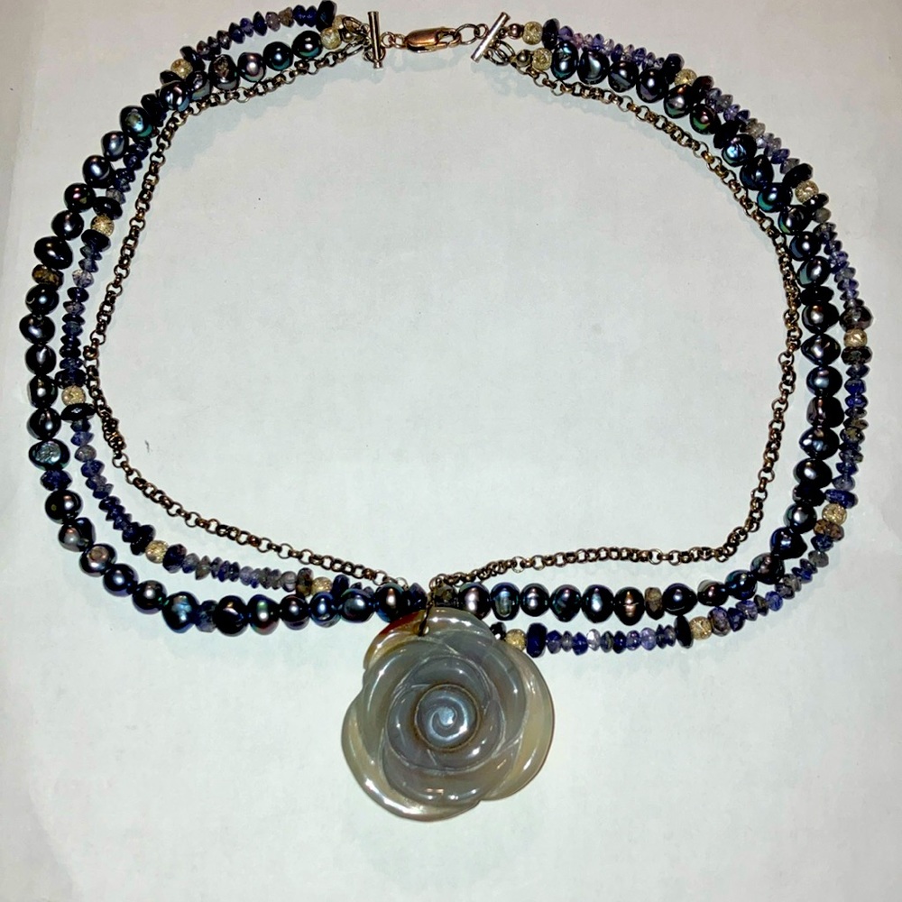 Silver Metallic Three Strand Beaded Necklace with Rose
